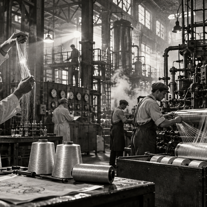 Illustration of an early nylon factory, a chemist inspecting freshly spun nylon fibre