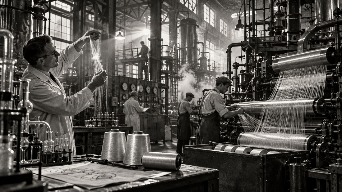 Illustration of an early nylon factory, a chemist inspecting freshly spun nylon fibre