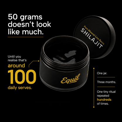 Graphic explaining a 50 g jar of Equil Shilajit resin gives around 100 daily serves