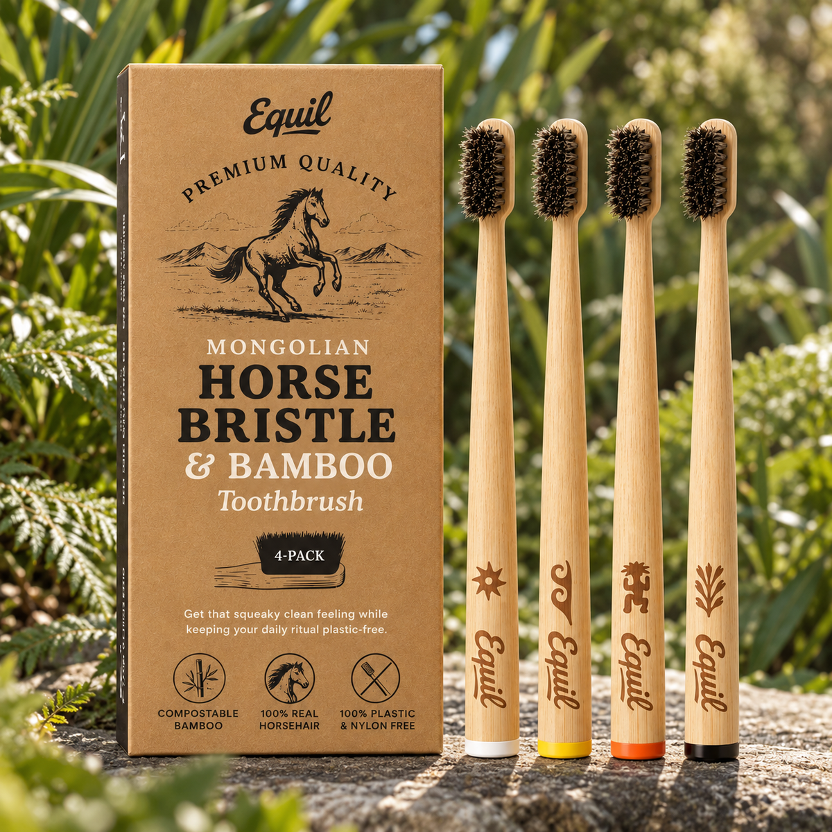 Four Equil bamboo toothbrushes with dark horse hair bristles standing beside the kraft 4-pack box