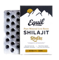 Equil Pure Mineral Shilajit tablets box beside a blister pack of 60 tablets on raw shilajit resin