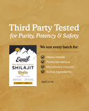Graphic showing Equil Shilajit tablets are third-party tested for heavy metals, pesticides and mycotoxins