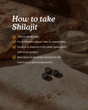 How-to-take guide showing Equil Shilajit tablet dosage beside a glass of water