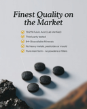 Equil Shilajit tablets on a dish beside a list of quality credentials