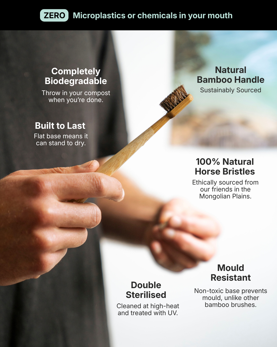 Hand holding an Equil bamboo toothbrush with natural horse hair bristles, with product feature labels