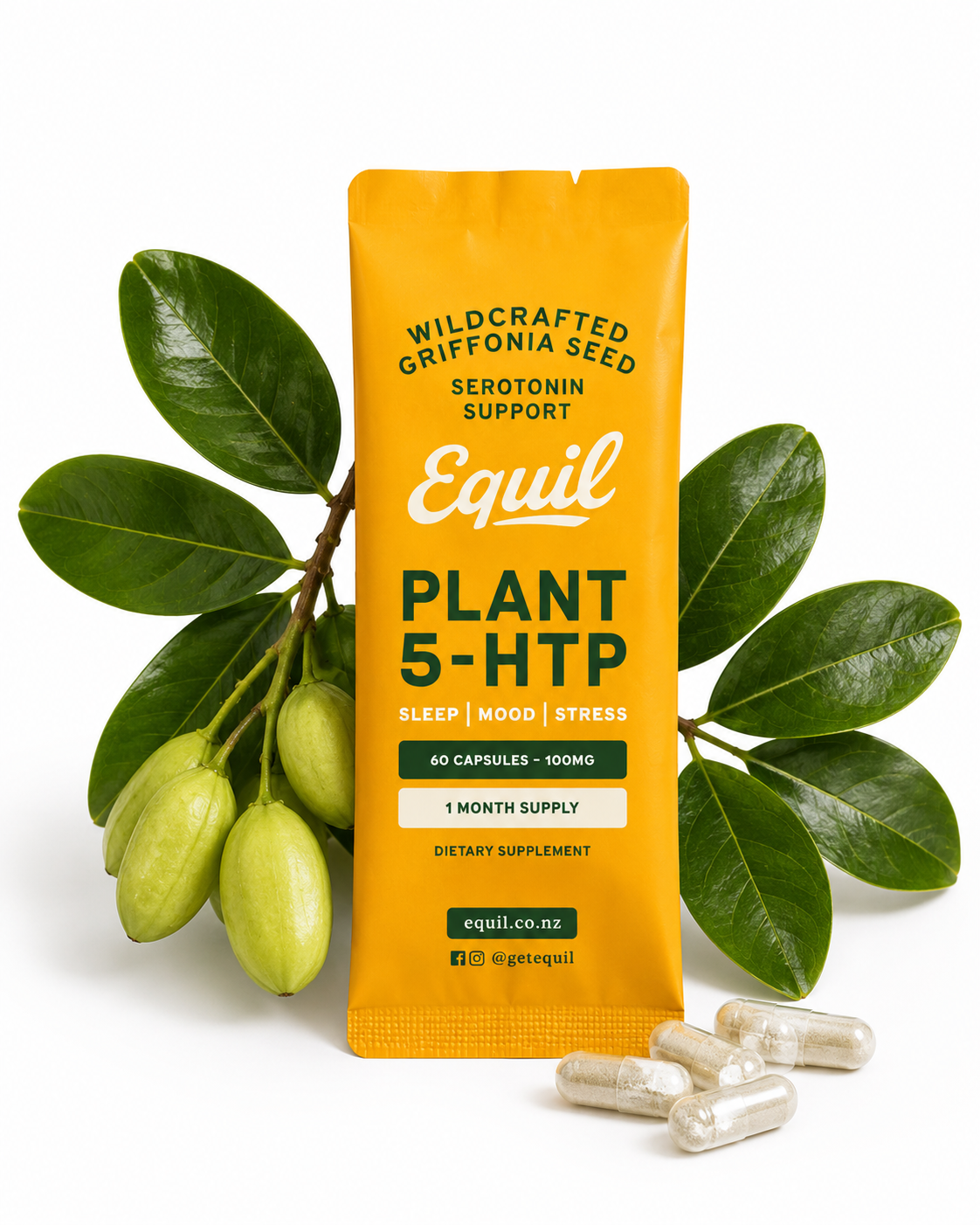 Equil Plant 5-HTP refill sachet with capsules and griffonia seed pods