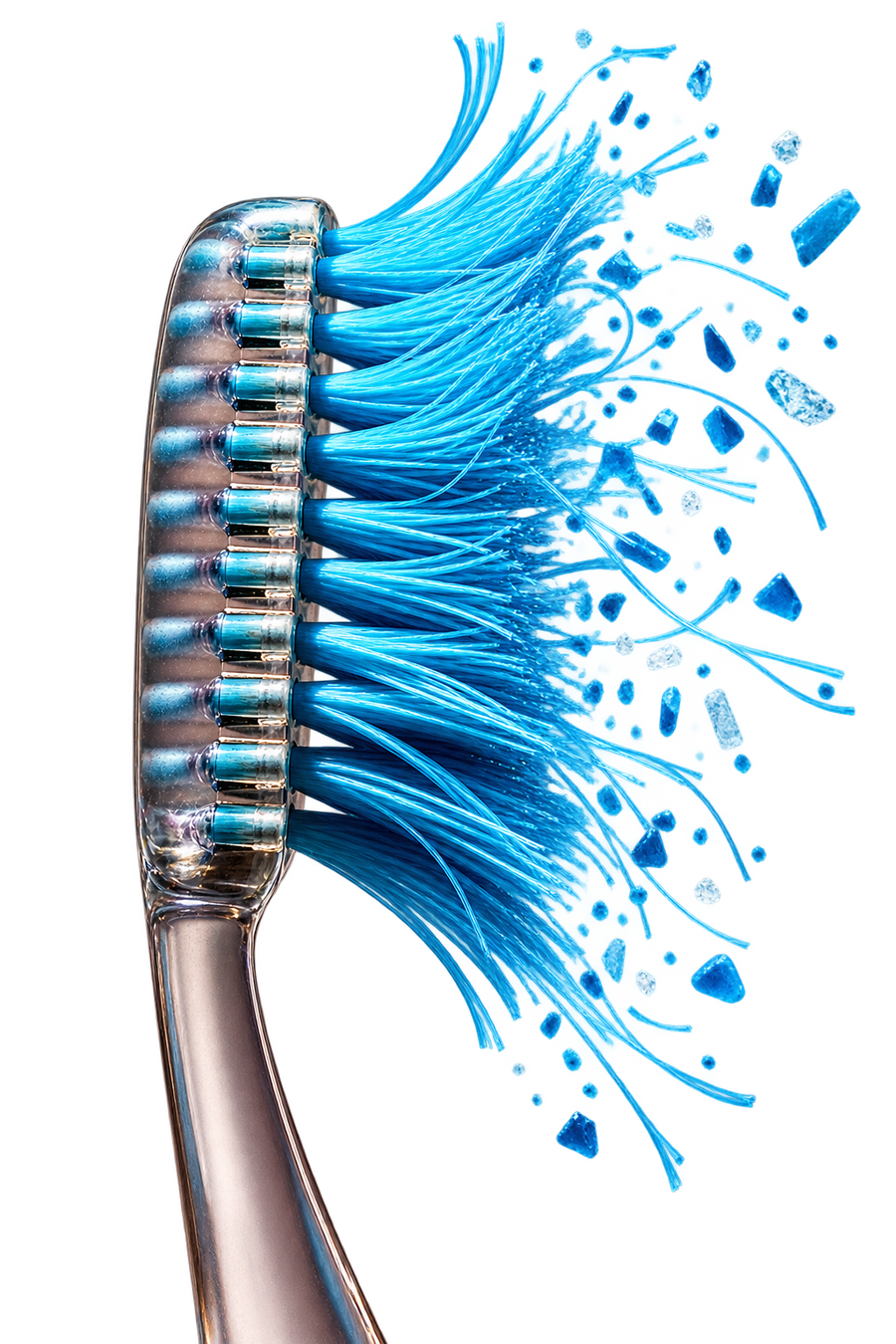 Blue plastic toothbrush head with nylon bristles shedding microplastic fragments
