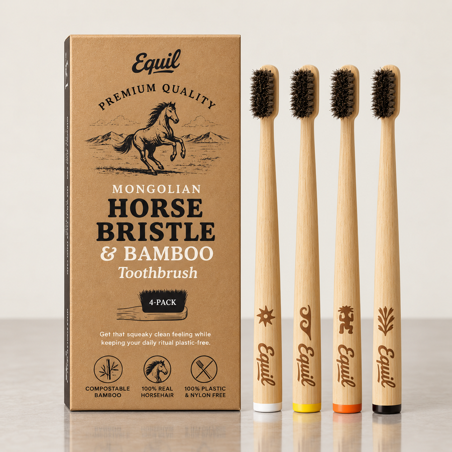 Equil Mongolian Horse Bristle and Bamboo Toothbrush 4-pack kraft box beside four bamboo toothbrushes with natural horsehair bristles and coloured ends