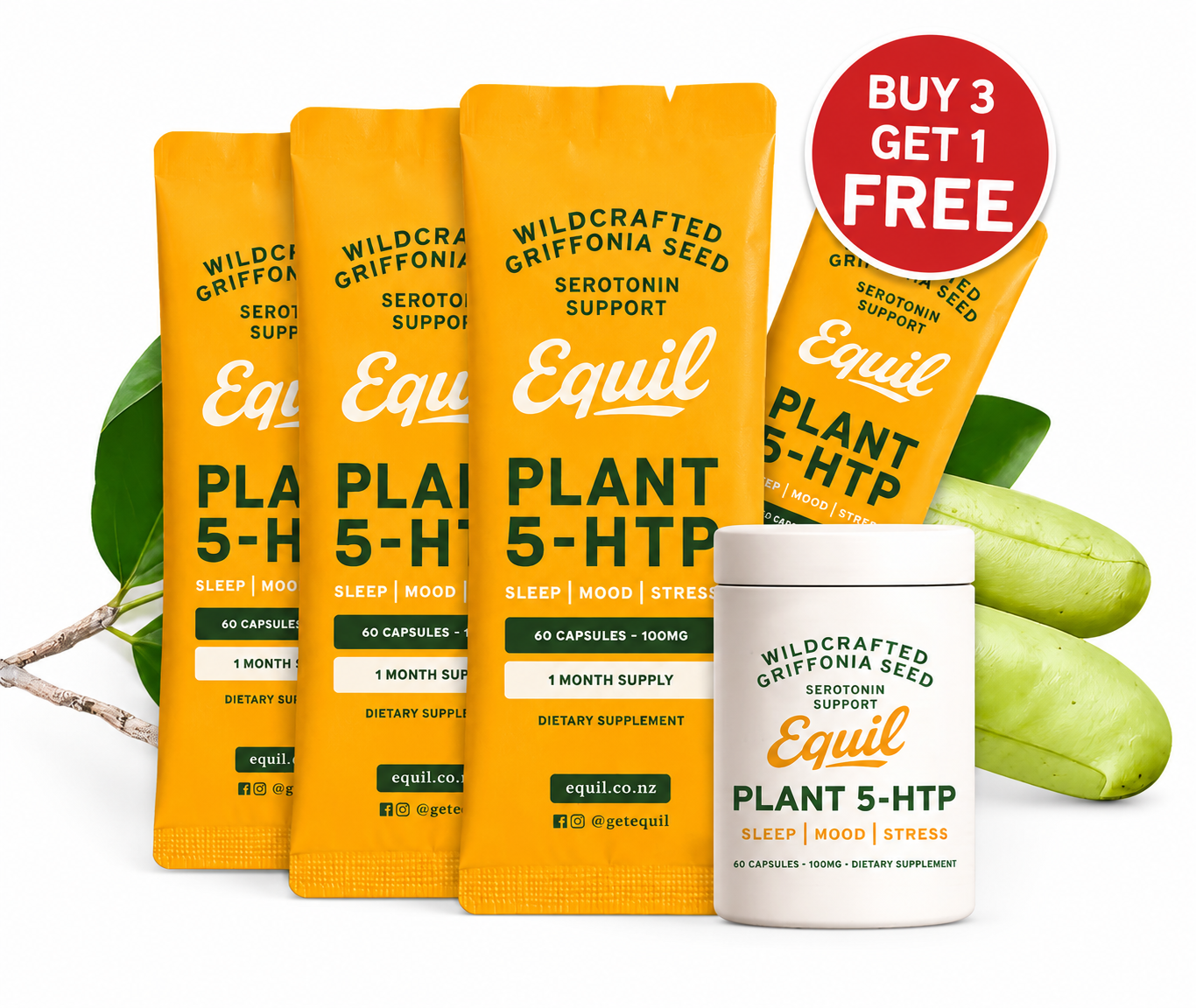 Four Equil Plant 5-HTP sachets and a capsule tub with a Buy 3 Get 1 Free offer