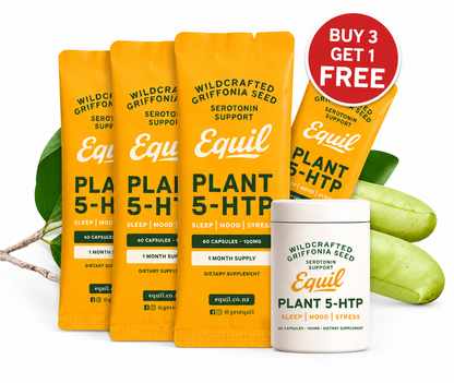 Four Equil Plant 5-HTP sachets and a capsule tub with a Buy 3 Get 1 Free offer