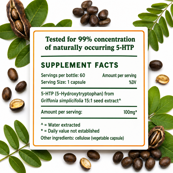 Equil Plant 5-HTP supplement facts panel showing 100 mg 5-HTP from Griffonia simplicifolia seed extract