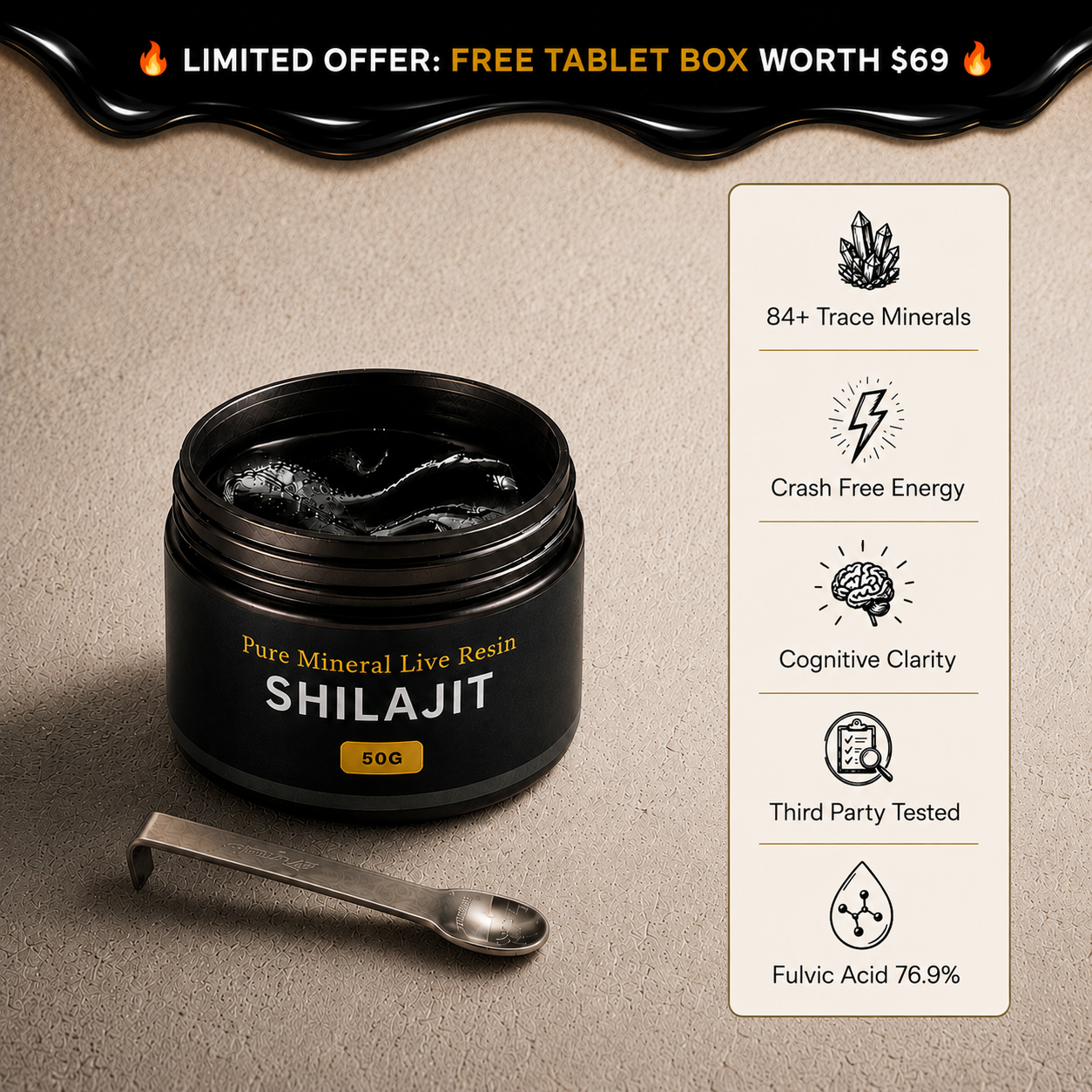 Equil Pure Mineral Shilajit resin jar with spoon and benefits including 84+ trace minerals and 76.9% fulvic acid