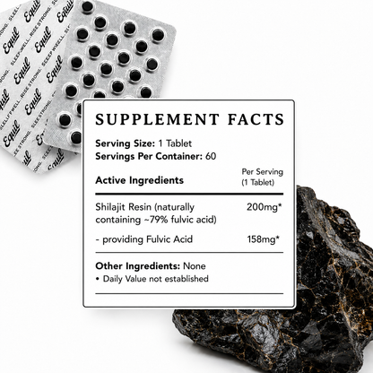 Equil Shilajit tablet blister packs with a supplement facts panel showing 200 mg resin per tablet