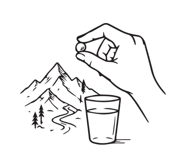 Line drawing of a hand holding a glass of water with mountains in the background